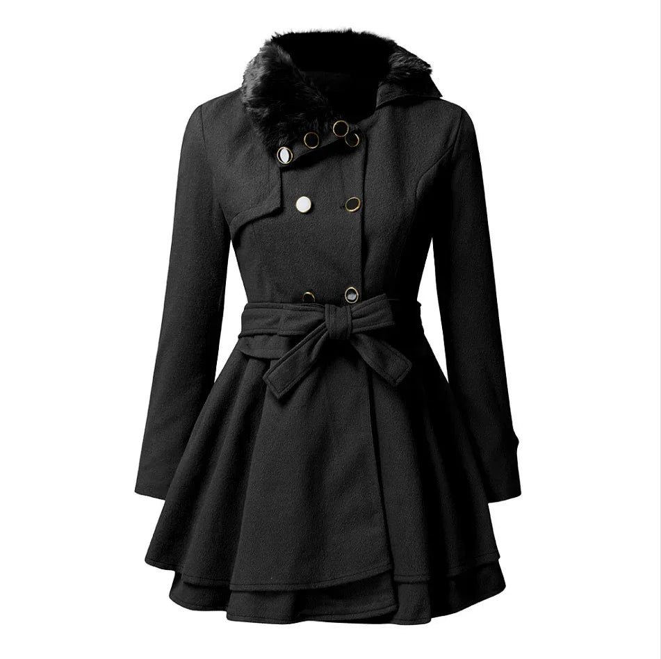 Women's Fur Collar Coat Double-breasted Trench Coat With Large Skirt - Gizmo Galaxy