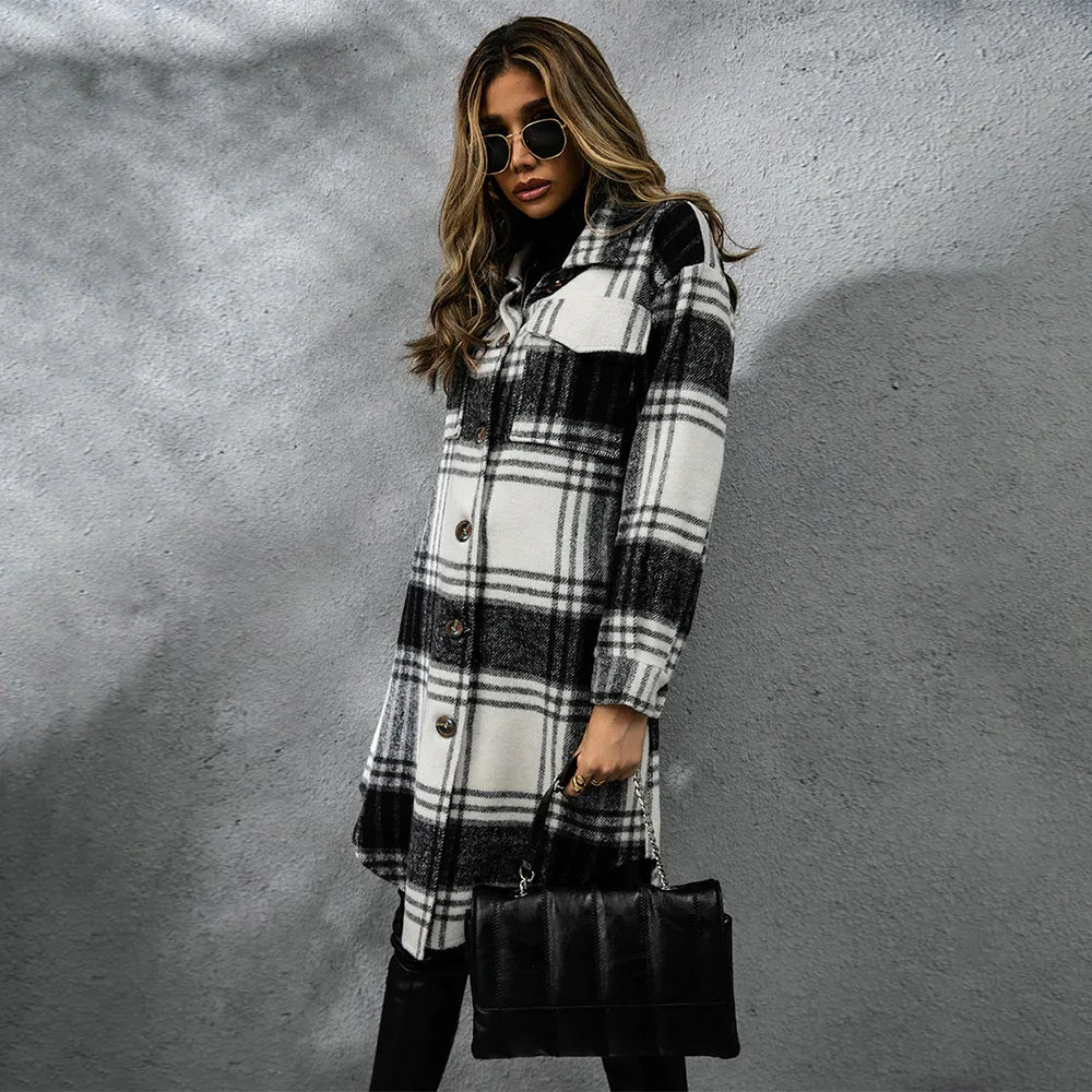 Fashion Plaid Single Row Button Coarse Wool Coat For Women - Gizmo Galaxy