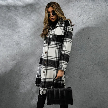 Fashion Plaid Single Row Button Coarse Wool Coat For Women - Gizmo Galaxy