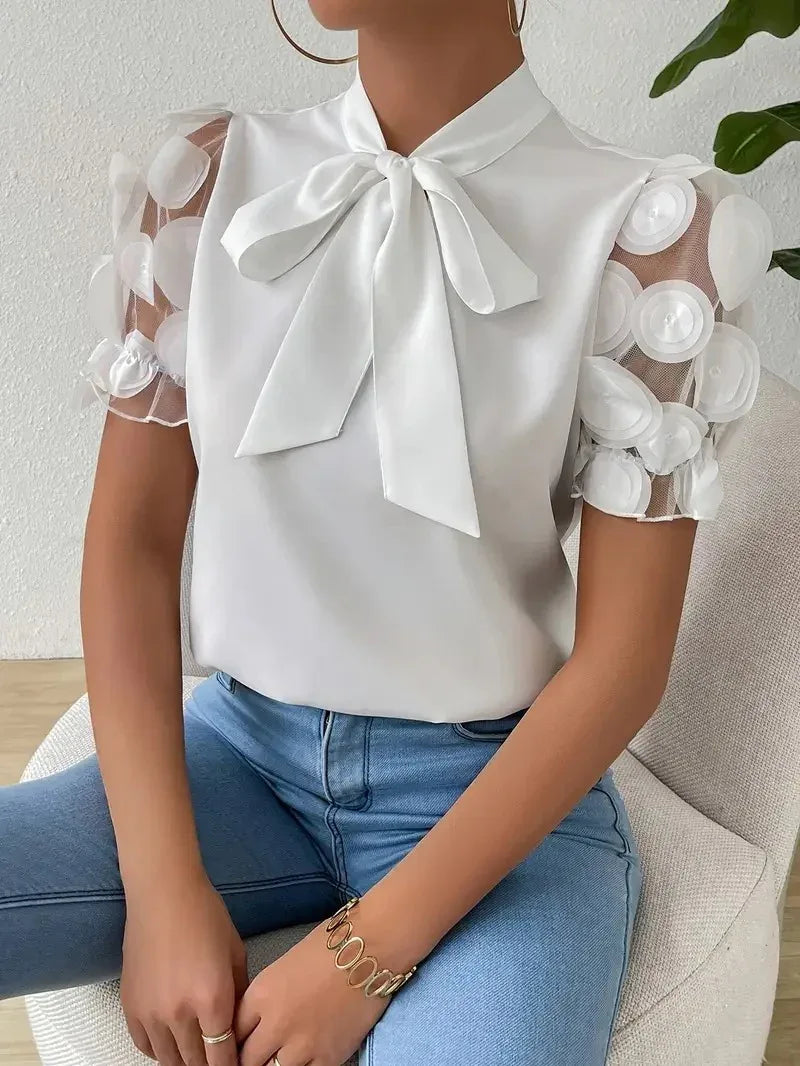 Summer Pure Color Tied Bow Short Sleeve Shirt For Women - Gizmo Galaxy