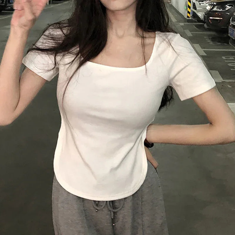 Summer U Collar Top Slim-fit Irregular Short-sleeved T-shirt For Women - Gizmo Galaxy