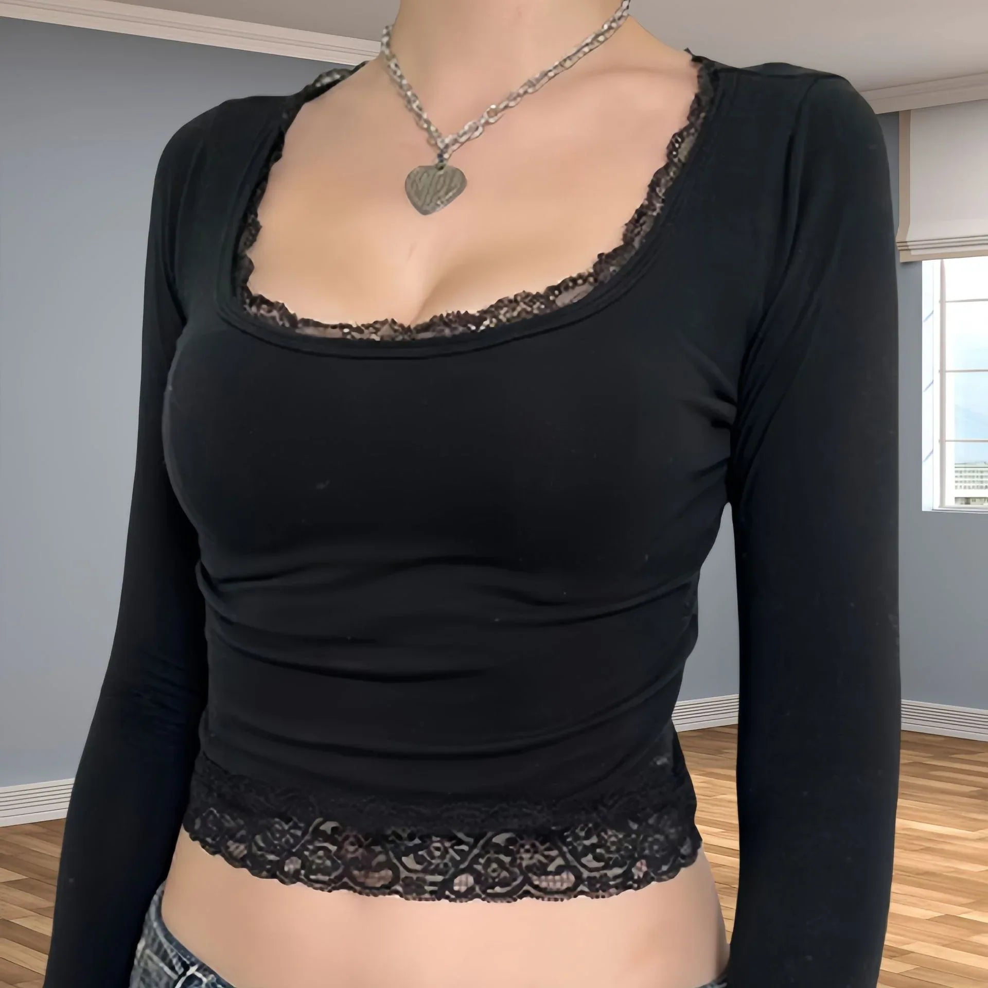 Minimalist Long Sleeve Lace T-shirt For Women - Gizmo Galaxy