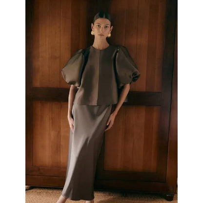 Solid Color Puff Sleeve Satin Short Coat - Gizmo Galaxy