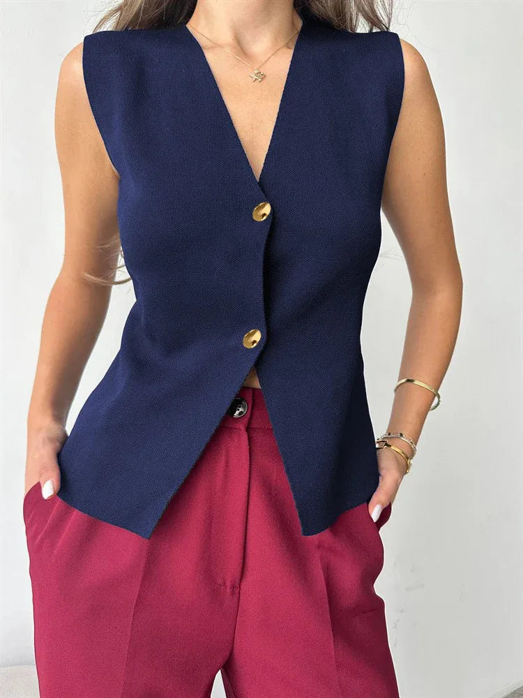 Metal Buckle Slit Knitted Vest Slim Fit Vest Foreign Trade Tup Cardigan - Gizmo Galaxy