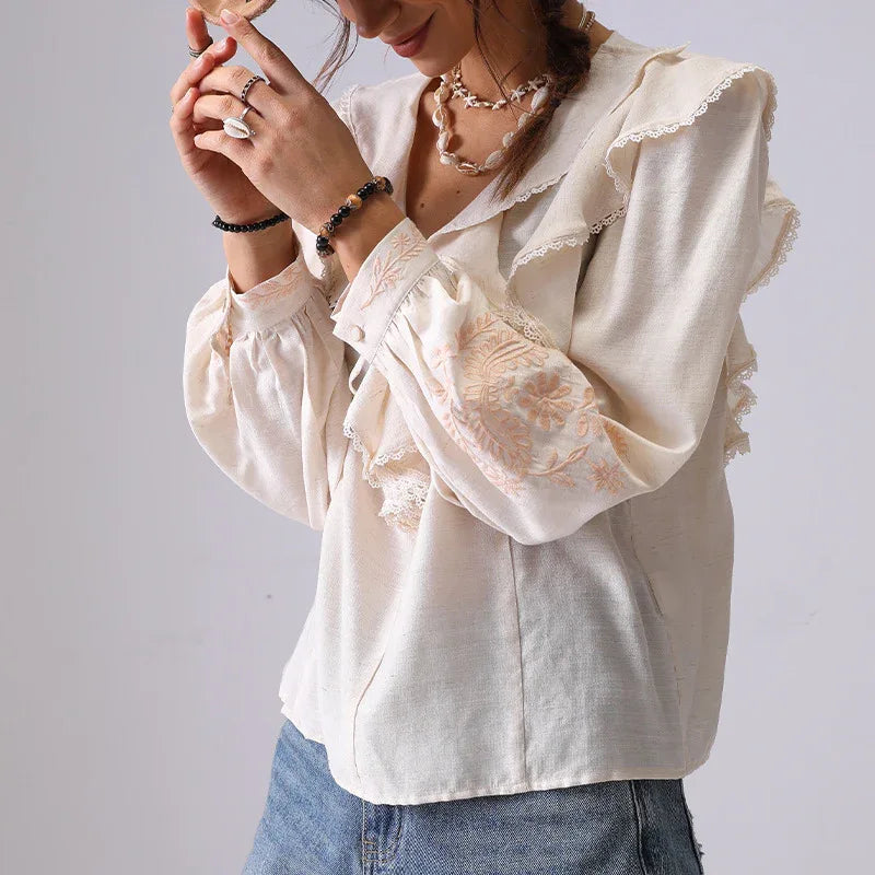 Embroidered Shirt Women's Spring Apricot Color - Gizmo Galaxy