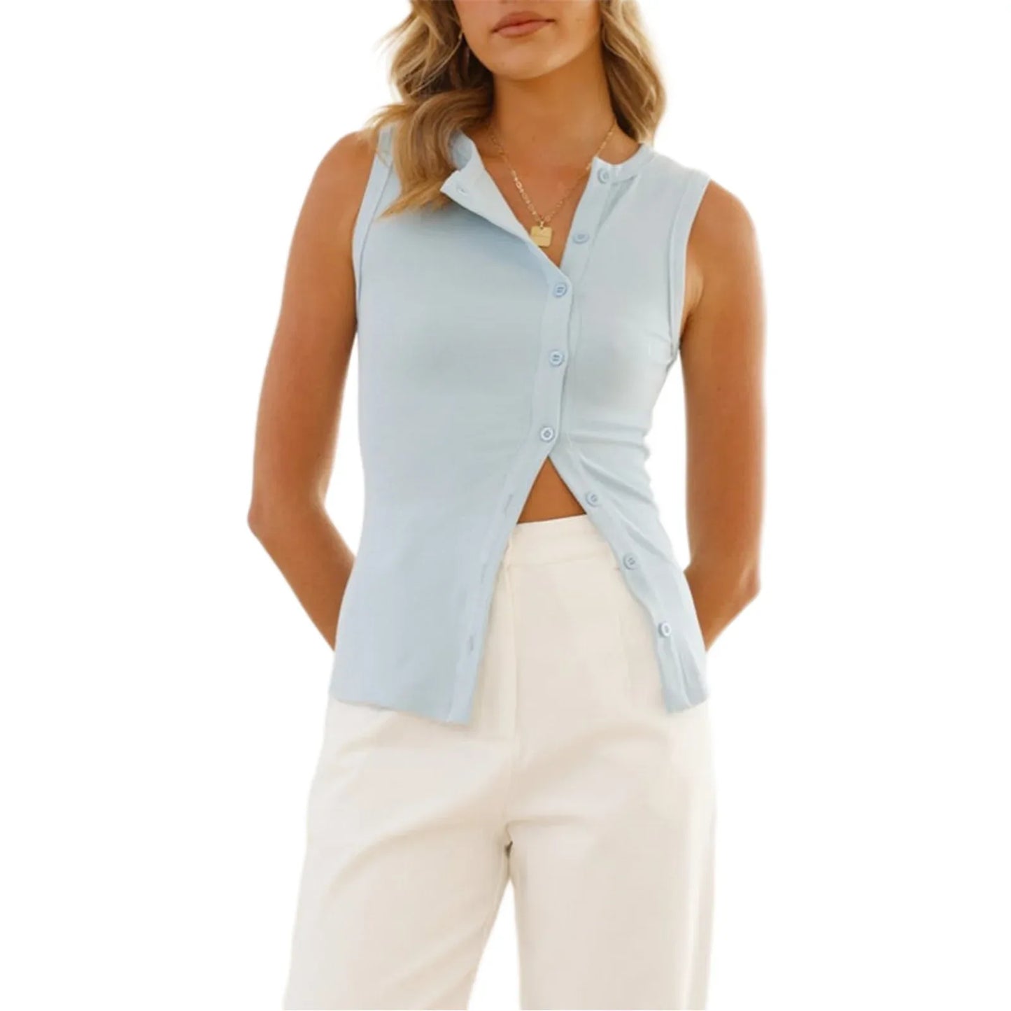 New Solid Color Sexy Sleeveless Button Cardigan - Gizmo Galaxy