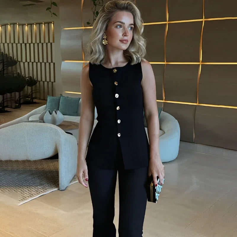Metal Buckle Slit Knitted Vest Slim Fit Vest Foreign Trade Tup Cardigan - Gizmo Galaxy