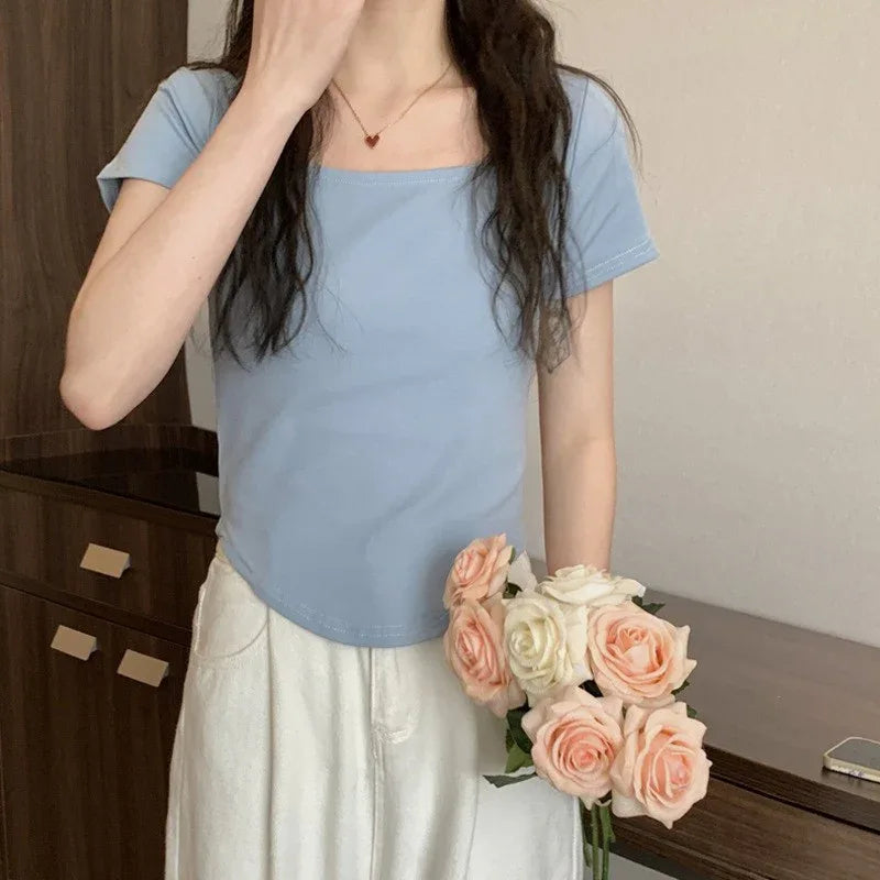 Summer U Collar Top Slim-fit Irregular Short-sleeved T-shirt For Women - Gizmo Galaxy