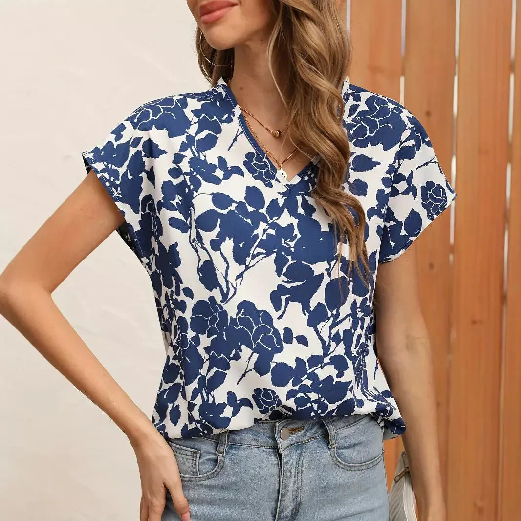 Printed Loose Half Sleeve V-neck Short Sleeve - Gizmo Galaxy