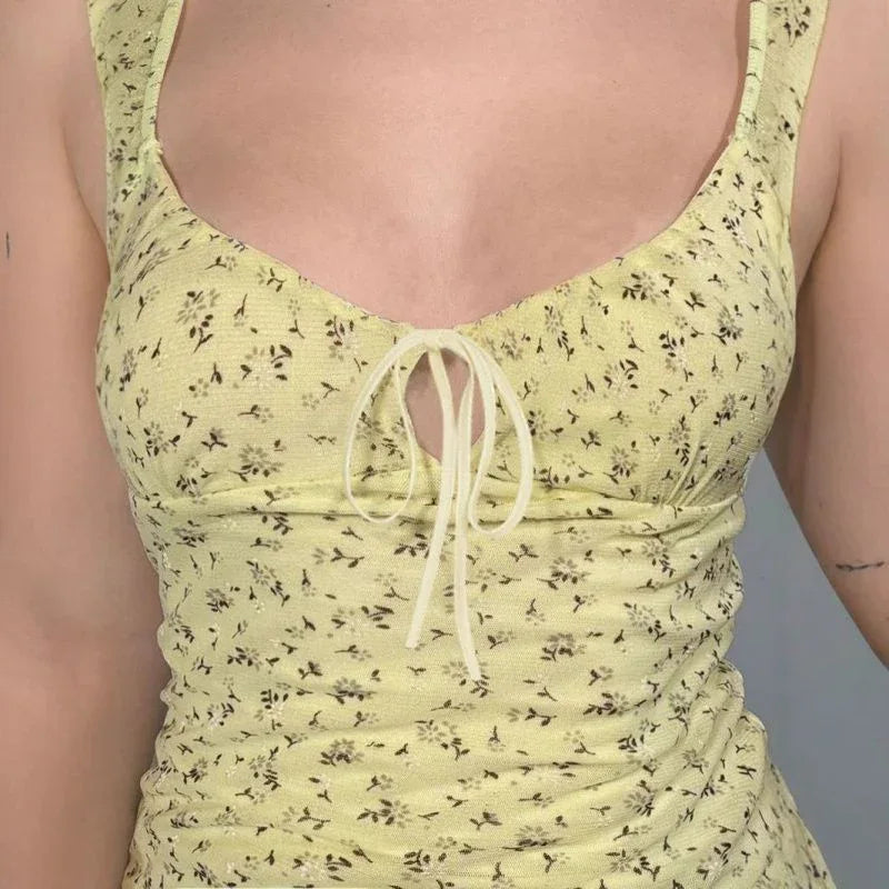 Yellow Floral Mesh Chest Strap Collar Short Sleeve - Gizmo Galaxy