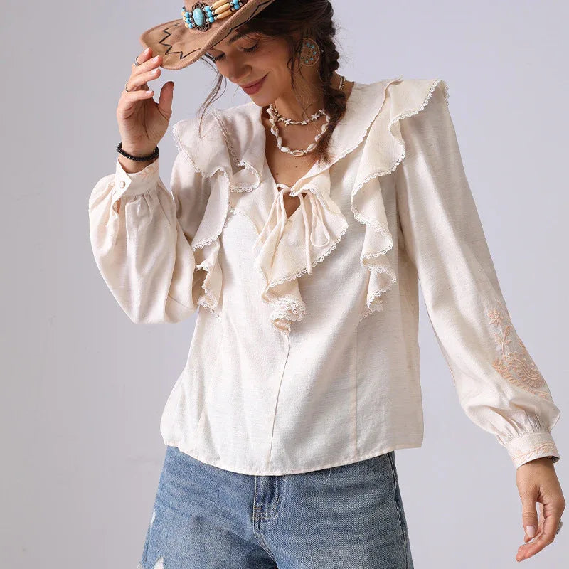 Embroidered Shirt Women's Spring Apricot Color - Gizmo Galaxy