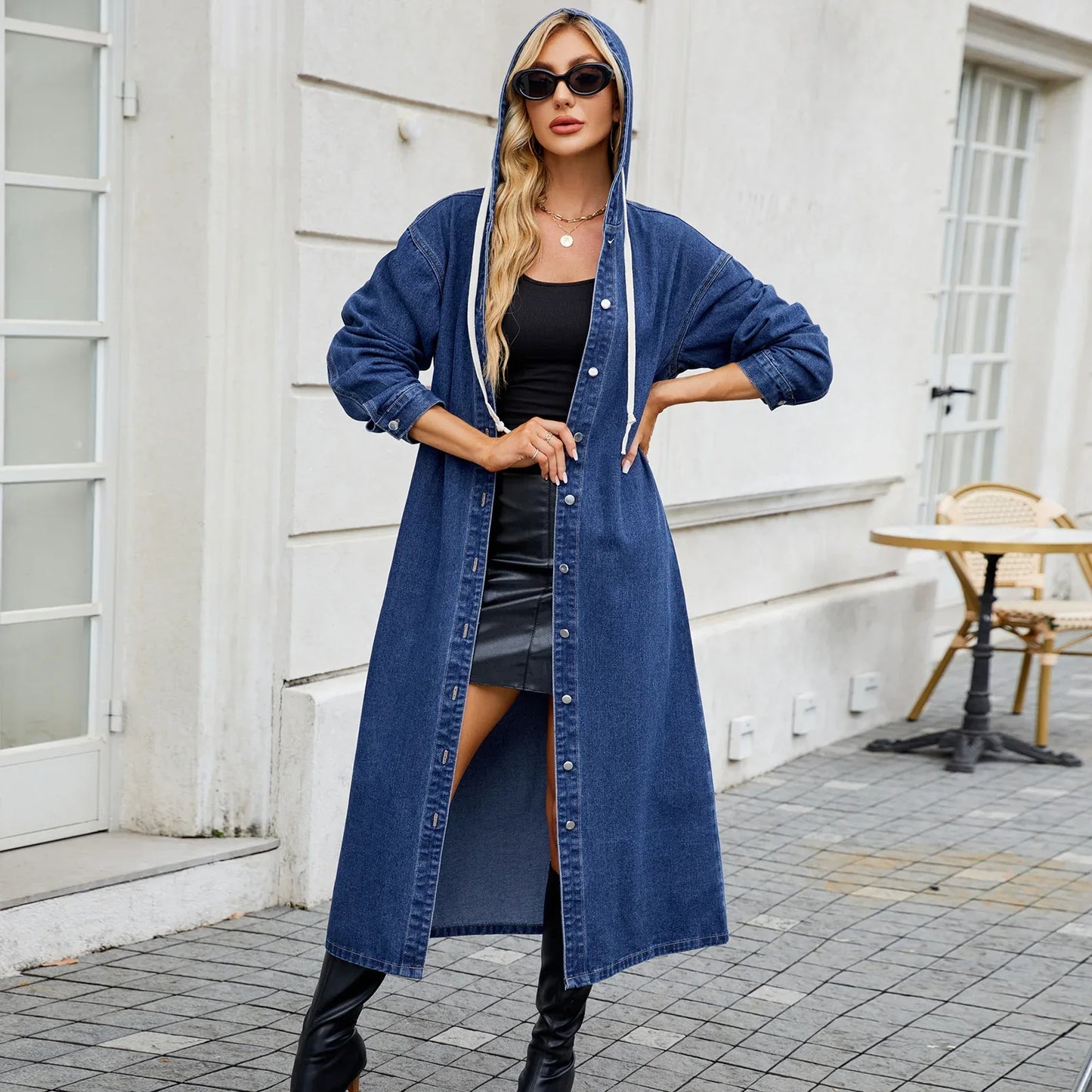 Women's Washed Hooded Long Denim Coat - Gizmo Galaxy