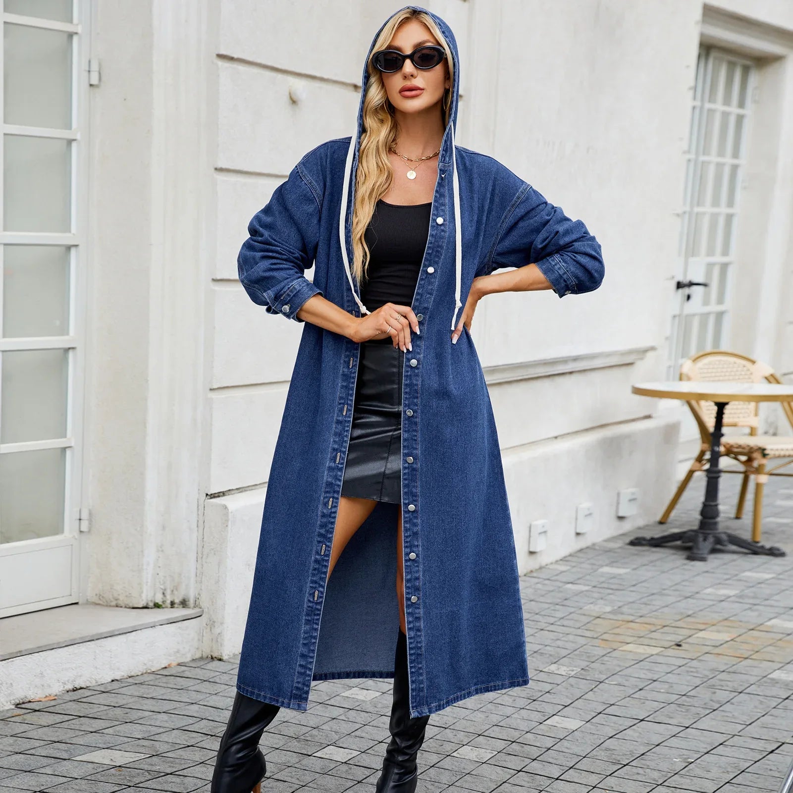 Women's Washed Hooded Long Denim Coat - Gizmo Galaxy