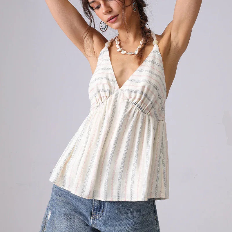 Summer French Style Halter Spaghetti Straps Top Cotton Striped - Gizmo Galaxy