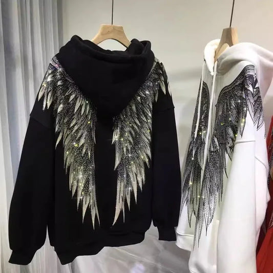 Heavy Embroidery Hot Drilling Light Luxury Front And Rear Wings Hooded Fleece Padded Coat Sweater - Gizmo Galaxy