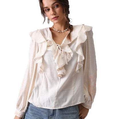 Embroidered Shirt Women's Spring Apricot Color - Gizmo Galaxy