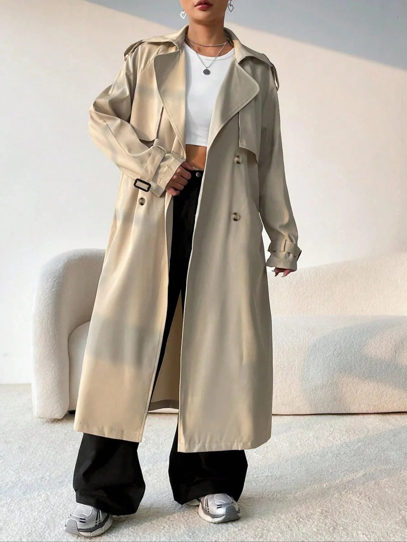 Elegant Long Solid Color Trench Coat - Gizmo Galaxy