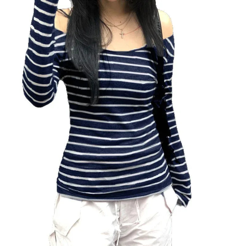 Oblique Shoulder Stripes Lightweight Slim-fit Long Sleeve Casual Top - Gizmo Galaxy