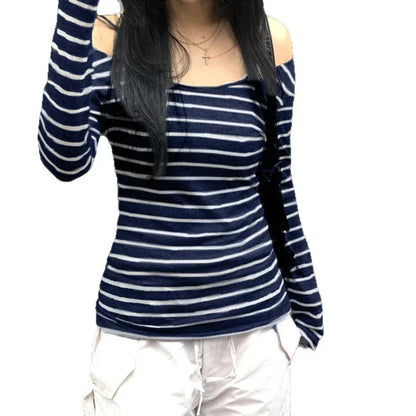 Oblique Shoulder Stripes Lightweight Slim-fit Long Sleeve Casual Top - Gizmo Galaxy