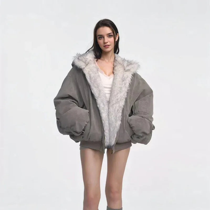 Gray Double-sided Dyed Pointed Fur Vintage Cotton-padded Jacket Coat - Gizmo Galaxy
