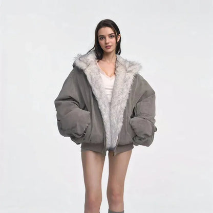 Gray Double-sided Dyed Pointed Fur Vintage Cotton-padded Jacket Coat - Gizmo Galaxy