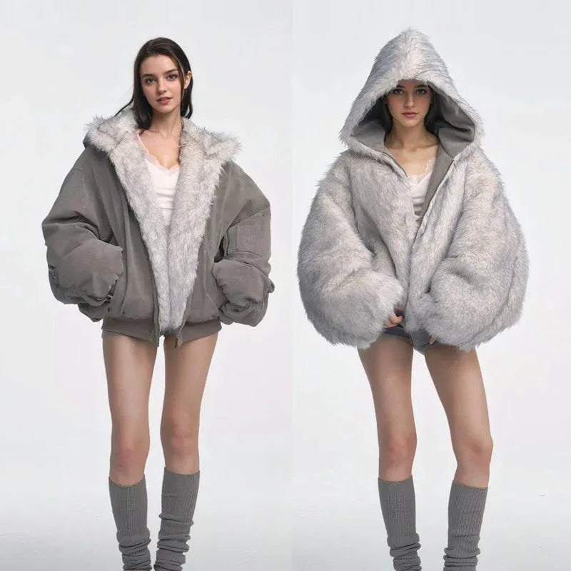 Gray Double-sided Dyed Pointed Fur Vintage Cotton-padded Jacket Coat - Gizmo Galaxy