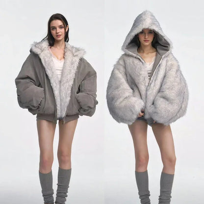 Gray Double-sided Dyed Pointed Fur Vintage Cotton-padded Jacket Coat - Gizmo Galaxy