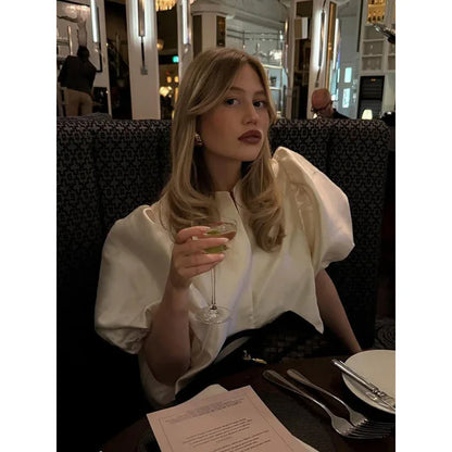 Solid Color Puff Sleeve Satin Short Coat - Gizmo Galaxy