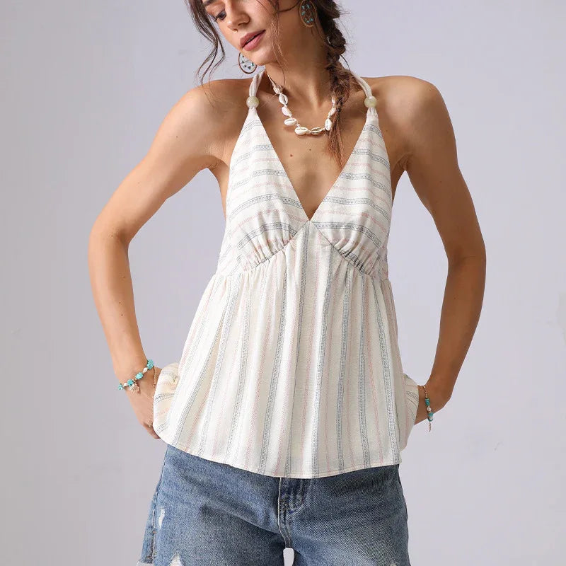 Summer French Style Halter Spaghetti Straps Top Cotton Striped - Gizmo Galaxy