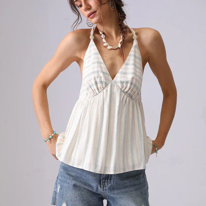 Summer French Style Halter Spaghetti Straps Top Cotton Striped - Gizmo Galaxy
