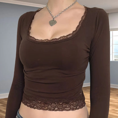Minimalist Long Sleeve Lace T-shirt For Women - Gizmo Galaxy