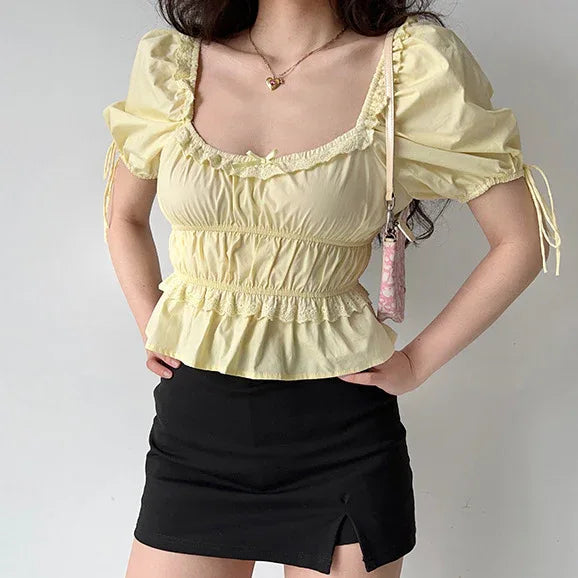 Retro Square Collar Puff Sleeve Lace Shirt - Gizmo Galaxy