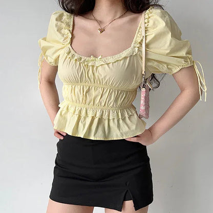 Retro Square Collar Puff Sleeve Lace Shirt - Gizmo Galaxy