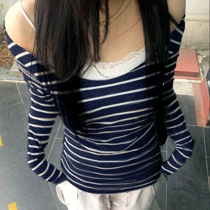 Oblique Shoulder Stripes Lightweight Slim-fit Long Sleeve Casual Top - Gizmo Galaxy