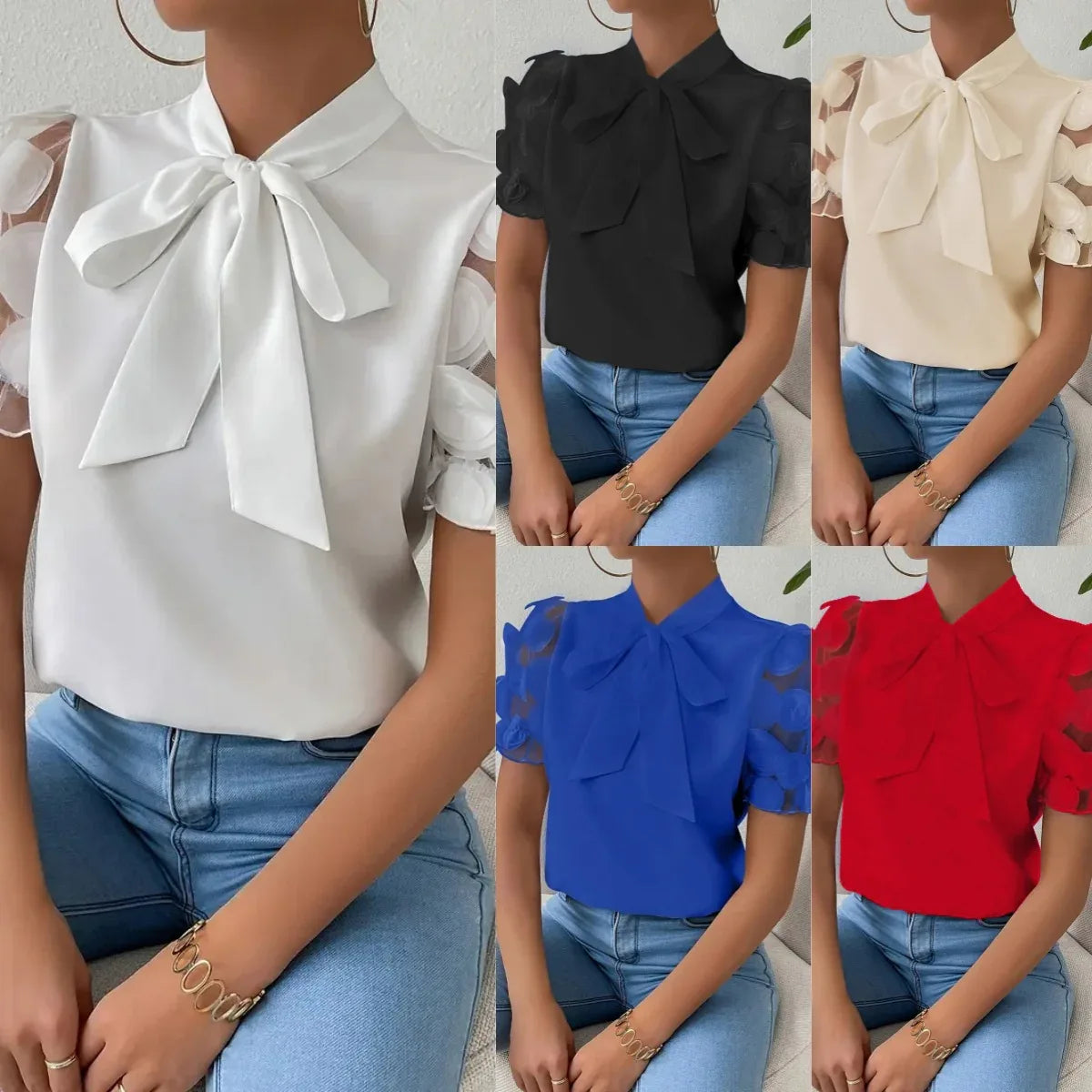 Summer Pure Color Tied Bow Short Sleeve Shirt For Women - Gizmo Galaxy