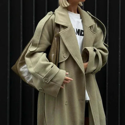 Lapel And Waist Tight Lace-up Long Coat Woolen Coat - Gizmo Galaxy