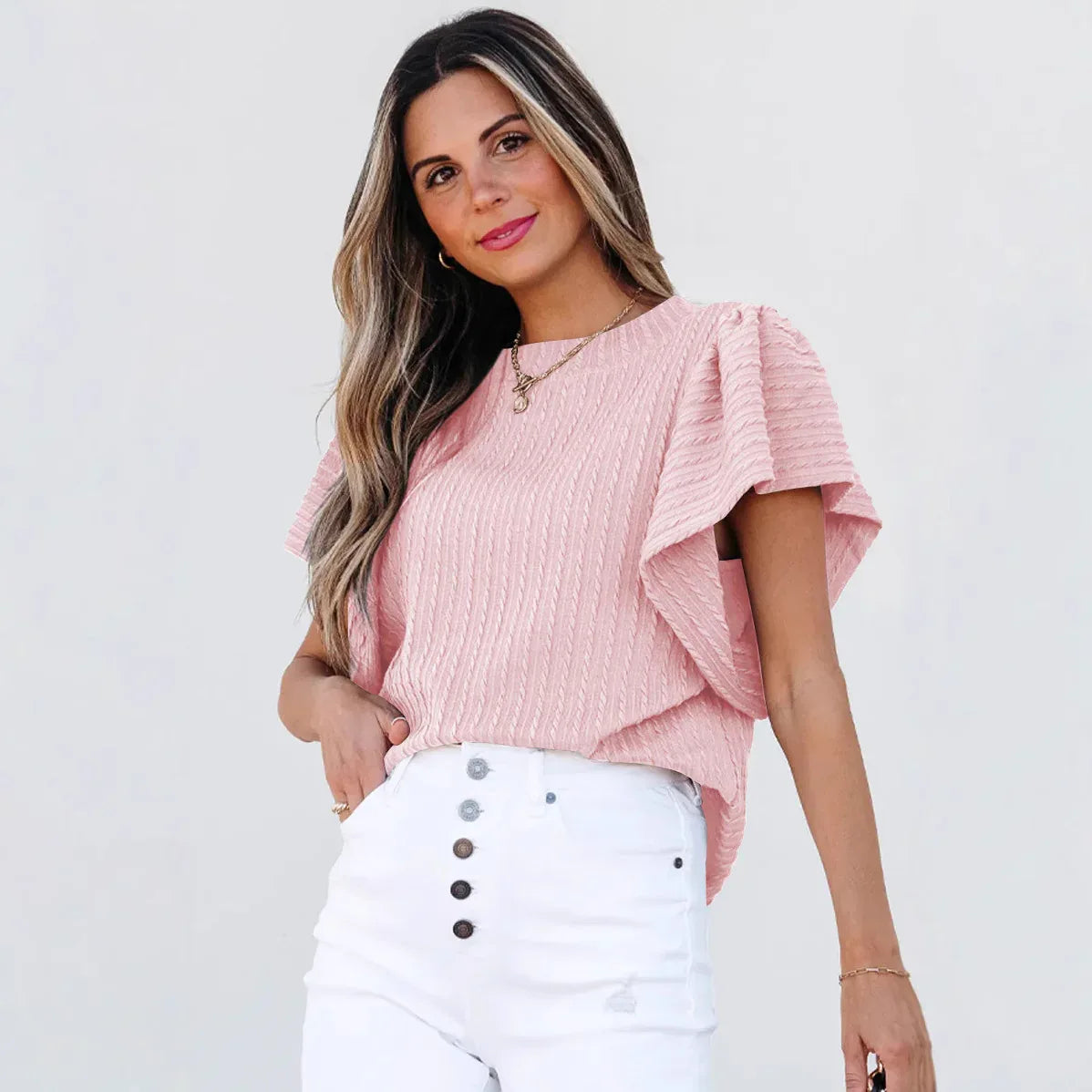 Women's Double-layer Ruffled Polyester Short-sleeved Round Neck T-shirt - Gizmo Galaxy