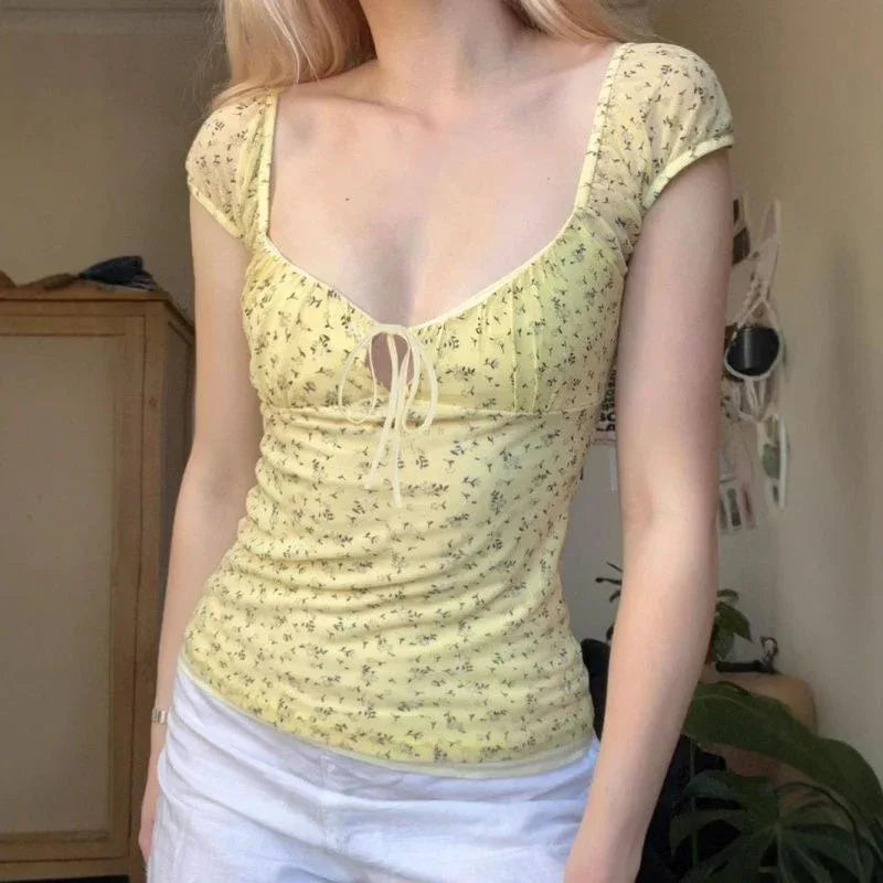 Yellow Floral Mesh Chest Strap Collar Short Sleeve - Gizmo Galaxy