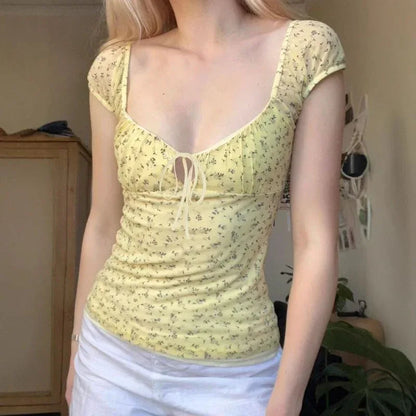 Yellow Floral Mesh Chest Strap Collar Short Sleeve - Gizmo Galaxy