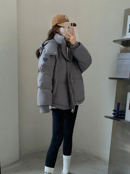 Gray With Heart Short Down Jacket Plus Size Women's Bread Coat - Gizmo Galaxy