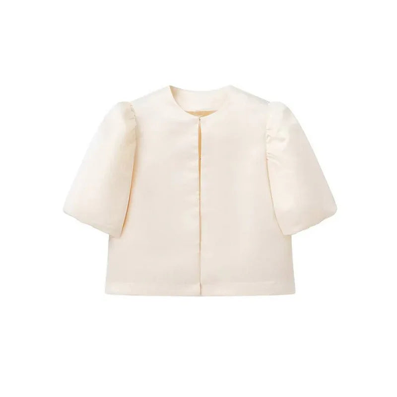 Solid Color Puff Sleeve Satin Short Coat - Gizmo Galaxy