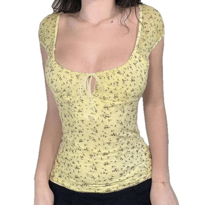 Yellow Floral Mesh Chest Strap Collar Short Sleeve - Gizmo Galaxy