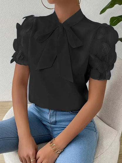 Summer Pure Color Tied Bow Short Sleeve Shirt For Women - Gizmo Galaxy