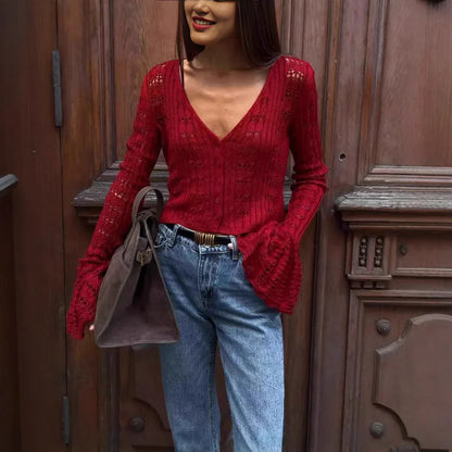 Women's Clothes Sexy Cutout Bell Sleeve Solid Color Short Knitted Top - Gizmo Galaxy