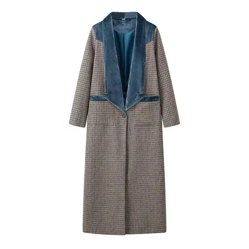 Color Matching Plaid Woolen Coat Women - Gizmo Galaxy