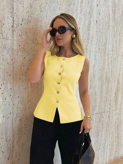 Metal Buckle Slit Knitted Vest Slim Fit Vest Foreign Trade Tup Cardigan - Gizmo Galaxy