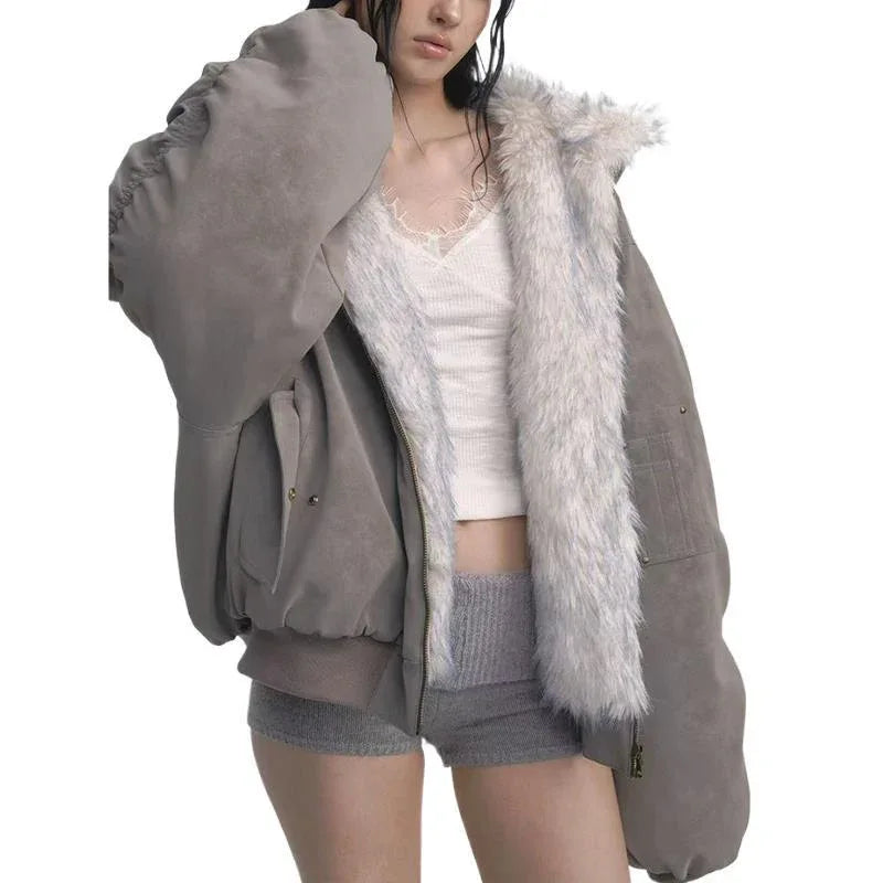 Gray Double-sided Dyed Pointed Fur Vintage Cotton-padded Jacket Coat - Gizmo Galaxy