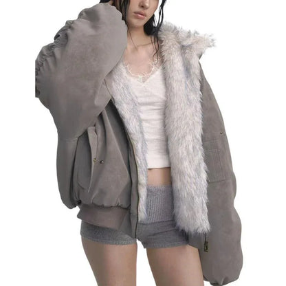 Gray Double-sided Dyed Pointed Fur Vintage Cotton-padded Jacket Coat - Gizmo Galaxy