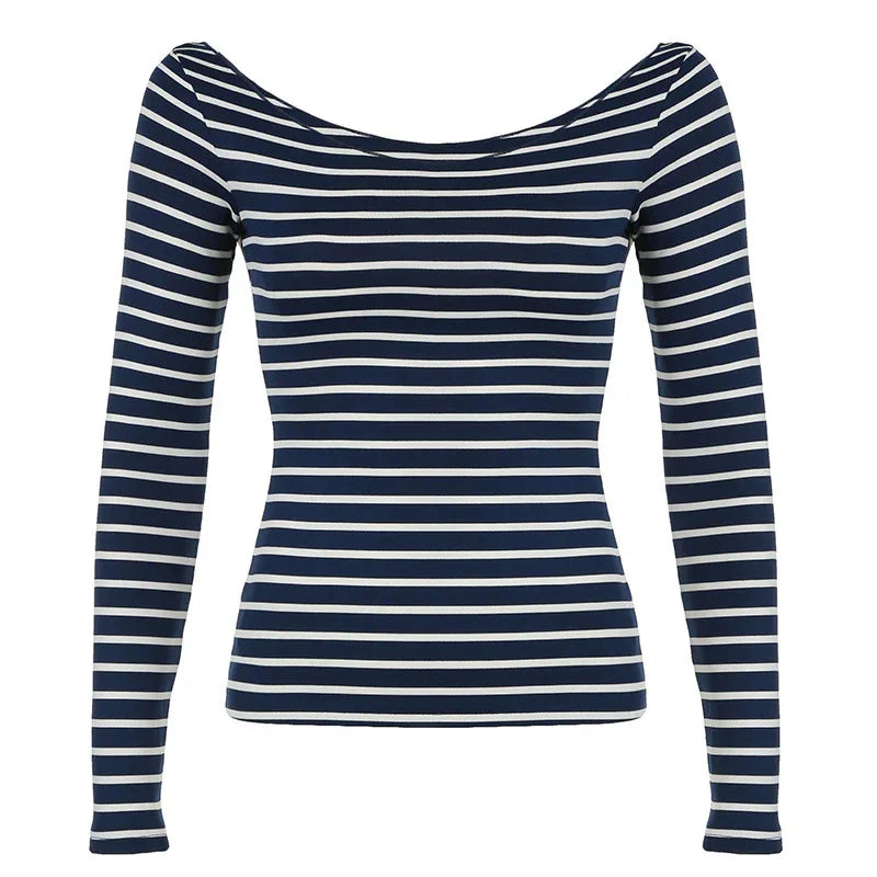 Oblique Shoulder Stripes Lightweight Slim-fit Long Sleeve Casual Top - Gizmo Galaxy