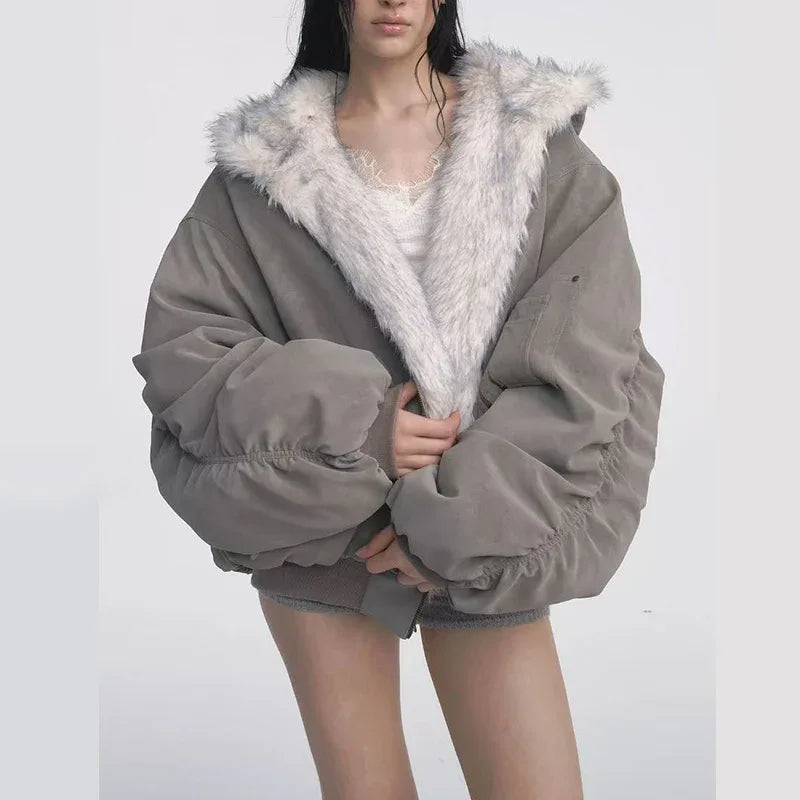 Gray Double-sided Dyed Pointed Fur Vintage Cotton-padded Jacket Coat - Gizmo Galaxy